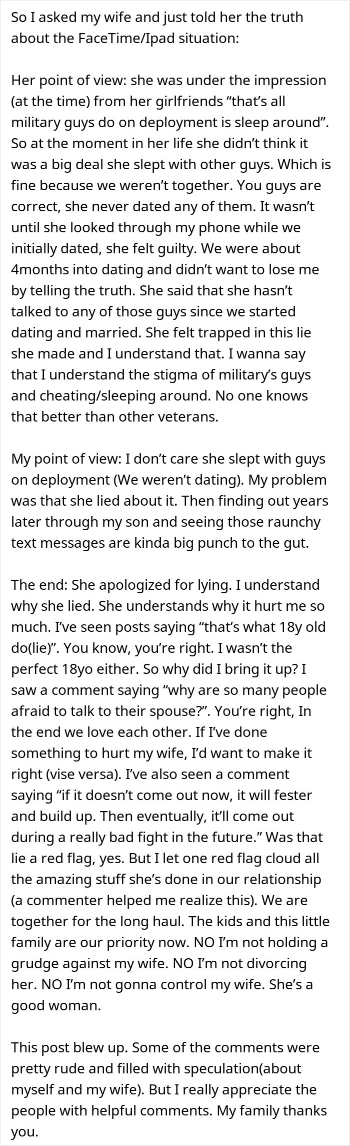 Man learns one reason for marrying wife was false, discusses truth about past relationships and trust issues in text post.