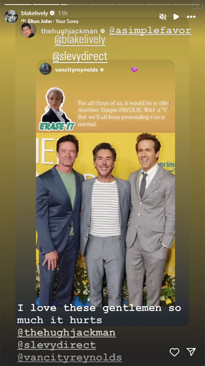 Hugh Jackman standing with Ryan Reynolds and Blake Lively fans urge Hugh Jackman to stay away from them. Hugh Jackman standing with Ryan Reynolds and Blake Lively fans urge Hugh Jackman to stay away from them.