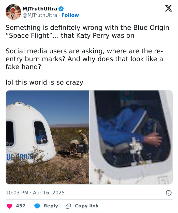 Blue Origin capsule image with alleged "fake" hand causing conspiracy theorist discussions. Blue Origin capsule image with alleged "fake" hand causing conspiracy theorist discussions.