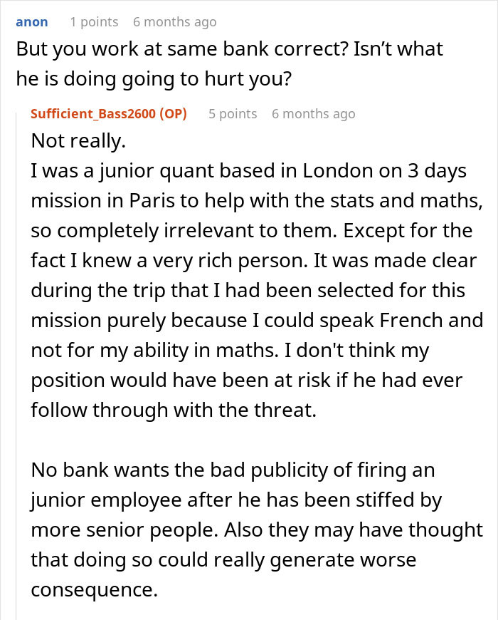 Reddit discussion about a junior quant's job security and a rich friend's influence on traders' arrogance.