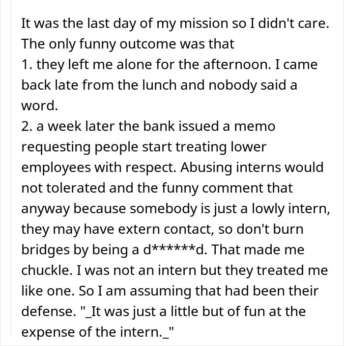 Text discussing traders' arrogance and respect for lower-level employees, with a focus on intern treatment.