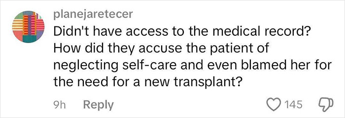 Comment questioning med students' criticism of patient's transplant needs, highlighting issue of blaming for health care decisions. Comment questioning med students' criticism of patient's transplant needs, highlighting issue of blaming for health care decisions.