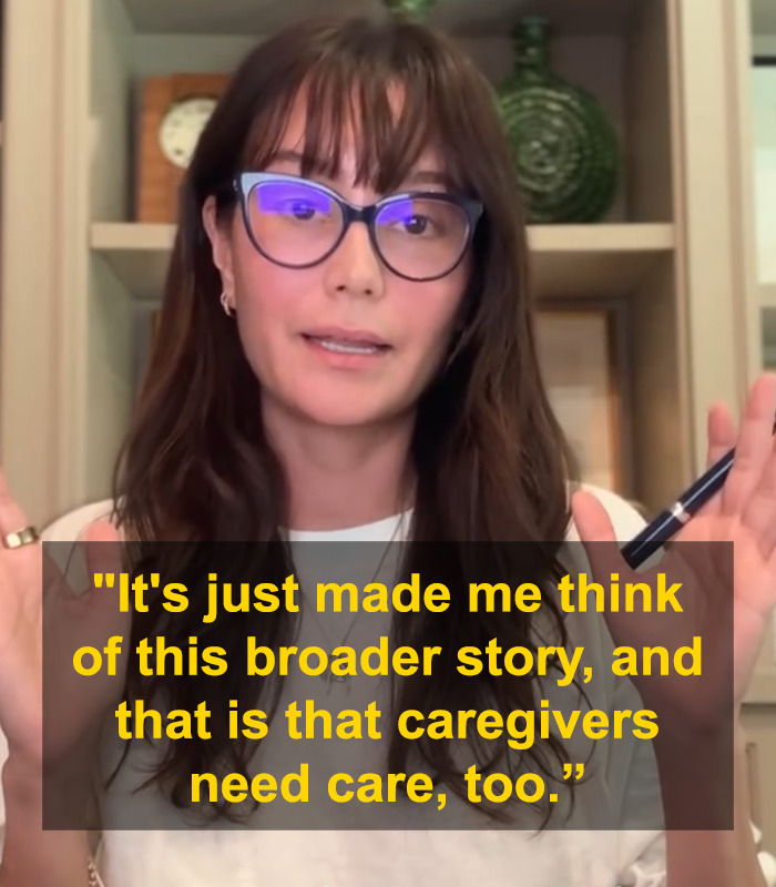 Woman discussing dementia care for caregivers, holding a pen, with a quote about caregivers needing support. Woman discussing dementia care for caregivers, holding a pen, with a quote about caregivers needing support.