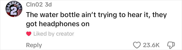 Text comment: "The water bottle ain't trying to hear it, they got headphones on," with high engagement. Keywords: 'Karens', 'Therapist'.