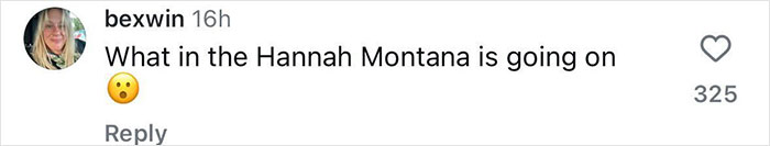 Comment mentioning "Hannah Montana" with a shocked emoji related to Billy Ray Cyrus and Elizabeth Hurley news.