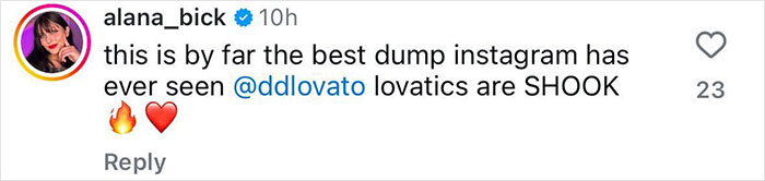Instagram comment praising Demi Lovato's post; fans are enthusiastic.