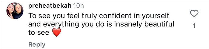 Comment praising confidence and beauty with a red heart emoji.