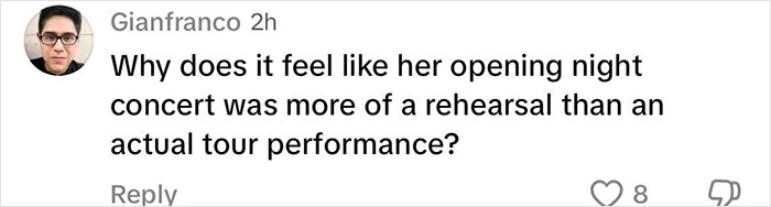 Comment questioning if Katy Perry's tour debut felt like a rehearsal.