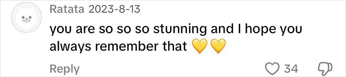 Comment praising a woman with differing arm sizes, expressing admiration and support with heart emojis.