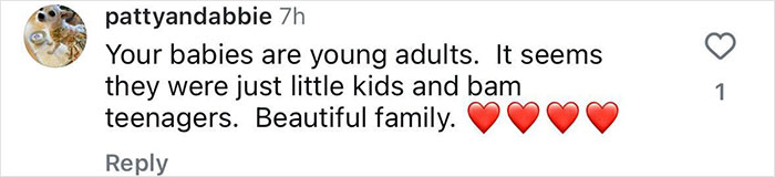 Comment on social media admiring kids who have grown up, with heart emojis.