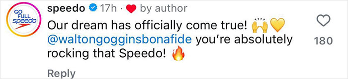 Speedo comment praising Walton Goggins for wearing a Speedo with enthusiasm and emojis.