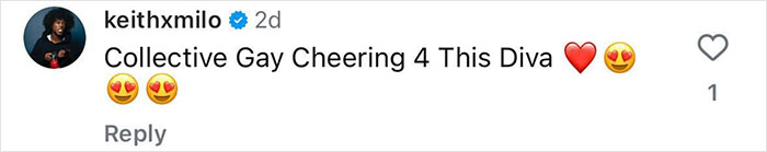 Comment celebrating LGBTQ+ fans' support for a diva, with heart emojis. Comment celebrating LGBTQ+ fans' support for a diva, with heart emojis.