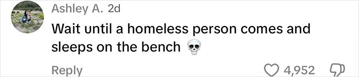 Comment about a park bench suggesting a homeless person might sleep there, with a skull emoji and many likes.