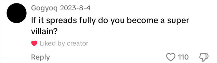 Comment questioning if one arm causes supervillain transformation.