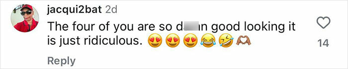 Comment praising a family for their looks, featuring heart-eye emojis, laughter, and love reactions.