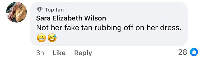 Comment laughing about spray tan rubbed off on dress, with emojis and likes shown.