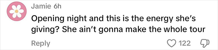 Comment mocking Katy Perry's tour debut for lack of energy, suggesting "mom moves" due to insufficient rehearsal.
