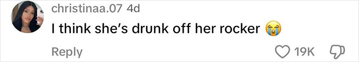 Comment by christinaa.07 saying, &ldquo;I think she&rsquo;s drunk off her rocker,&rdquo; with 19K likes, related to "Karens" and park bench incident.