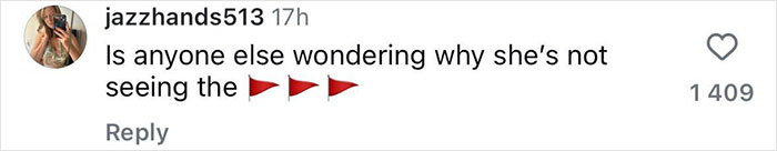 Comment questioning Elizabeth Hurley's decisions, with red flag emojis, following her new romance news.