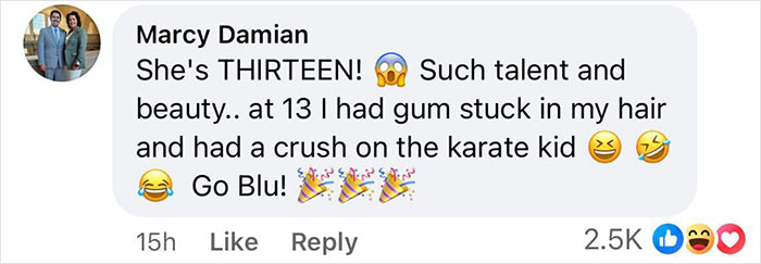 Comment praising Blue Ivy's talent at thirteen with emojis celebrating her live performance and beauty.