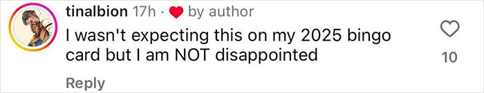 Comment by tinalbion reacting to Walton Goggins' photoshoot with humor and surprise, mentioning a 2025 bingo card.