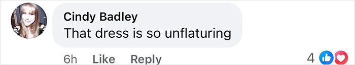 Comment on "spray tan rubbed off" wardrobe mishap, text saying "That dress is so unflattering" with likes underneath.