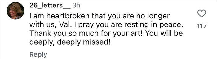 Instagram comment expressing sadness over Val Kilmer's passing, praising his art and saying he will be deeply missed.