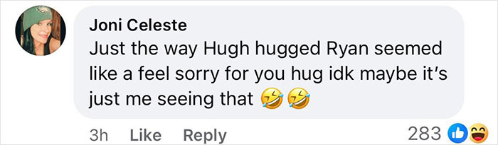 Social media comment humorously discussing a red carpet moment with spray tan rubbed off incident.