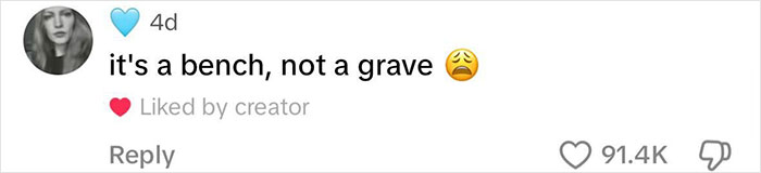 Comment about a park bench with 91.4K likes and a sad emoji face reaction.