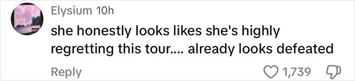 Comment criticizing Katy Perry's tour debut, mentioning regret and looking defeated.