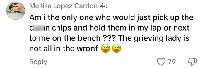 Comment discussing a park bench dispute, suggesting empathy for a grieving woman and dealing with chips, with emojis.