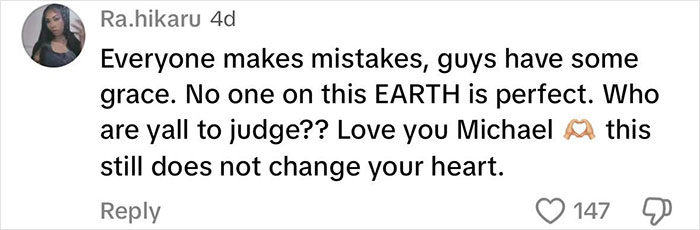 A supportive comment regarding a teacher involved in adult content backlash, emphasizing forgiveness and imperfection.