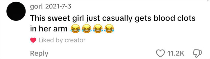 A comment reading about a girl with an enlarged arm due to blood clots, with laughing emojis and likes.