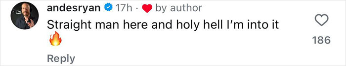 Instagram comment expressing admiration, with heart and flame emoji reactions.