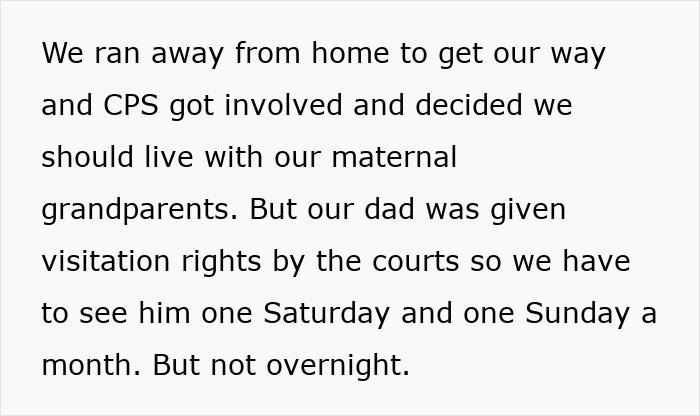 Text describing a situation involving CPS, grandparents, and dad's visitation rights.