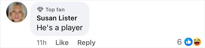 Comment by top fan, Susan Lister, saying "He's a player" with reactions and time posted.