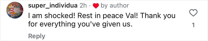 Comment expressing sorrow and gratitude for Val Kilmer, with heart emoji reaction.