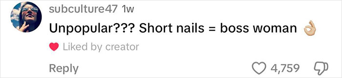 Comment discussing patriarchy, suggesting short nails equal a boss woman, with likes and engagement icons. Comment discussing patriarchy, suggesting short nails equal a boss woman, with likes and engagement icons.