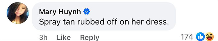 Comment about spray tan rubbed off on dress, with a verified user icon, receiving reactions.