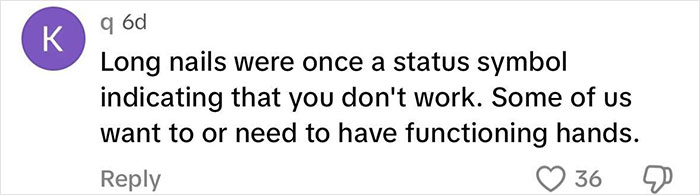 Comment discussing long nails as status symbol, sparking patriarchy debate. Comment discussing long nails as status symbol, sparking patriarchy debate.