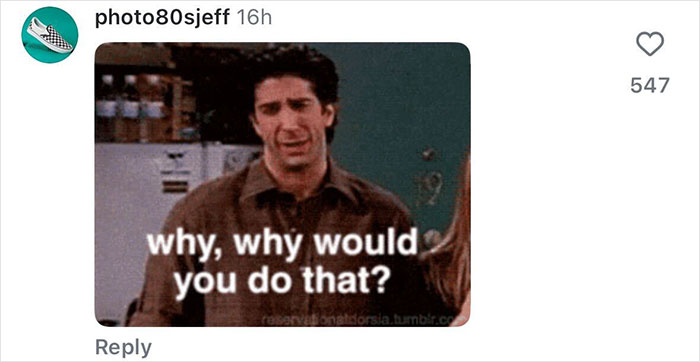 GIF of a man asking "why would you do that?" used as a reaction to Elizabeth Hurley's Easter event.