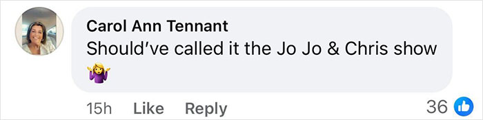 Comment on JoJo Siwa's Big Brother moment, suggesting the Jo Jo & Chris show, with shrug emoji.