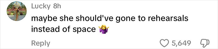 Comment mocking Katy Perry's dance moves, mentioning rehearsal and space, with a shrug emoji and likes count.