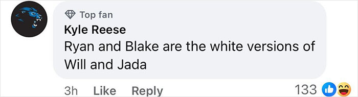 Comment discussing Blake Lively, humorously comparing Ryan and Blake to Will and Jada after spray tan incident.