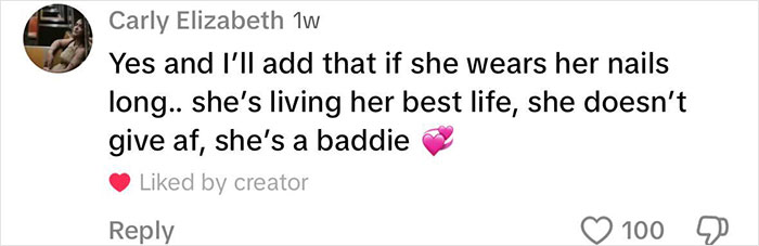 Comment discussing short nails and patriarchy, highlighting a woman's confidence and self-expression. Comment discussing short nails and patriarchy, highlighting a woman's confidence and self-expression.