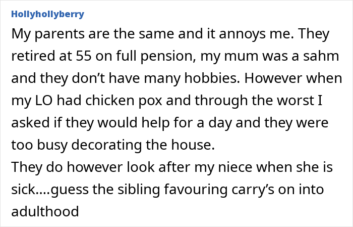 Text about modern grandparenting, discussing double standards in family support and sibling favoritism.