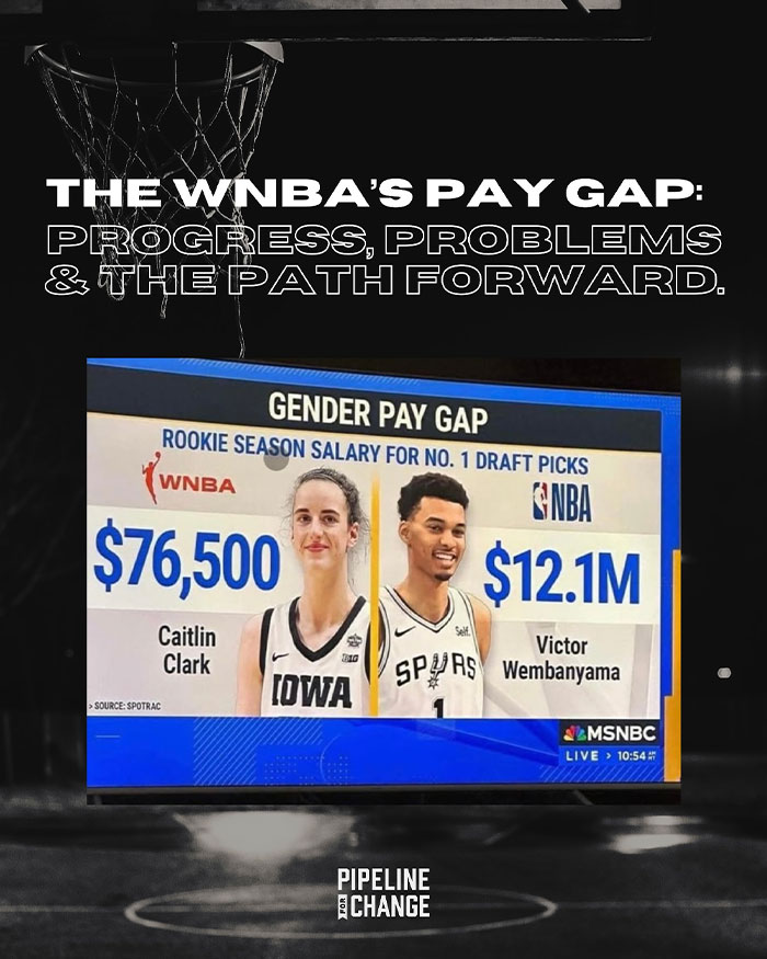 Caitlin Clark's net worth discussed alongside gender pay gap with NBA comparisons in TV graphic.