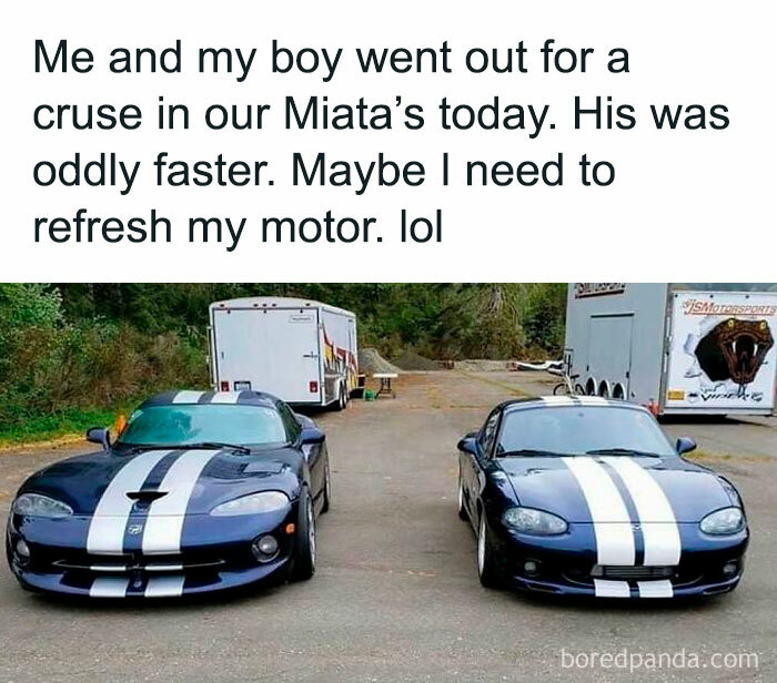 Two parked sports cars with racing stripes, humorously captioned about one being faster, illustrating car memes.
