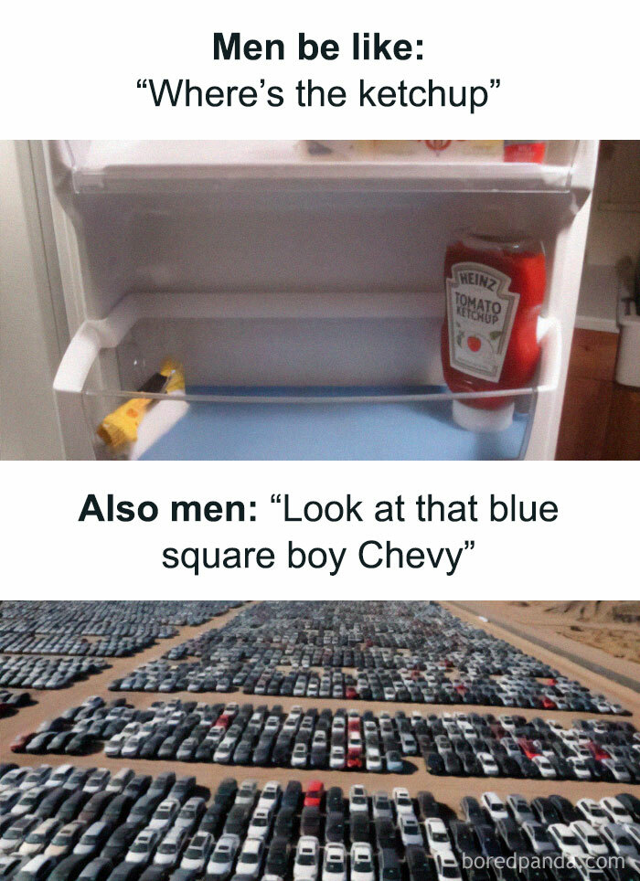 Men searching for ketchup in fridge; spotting blue Chevy among many cars. Car memes humor.