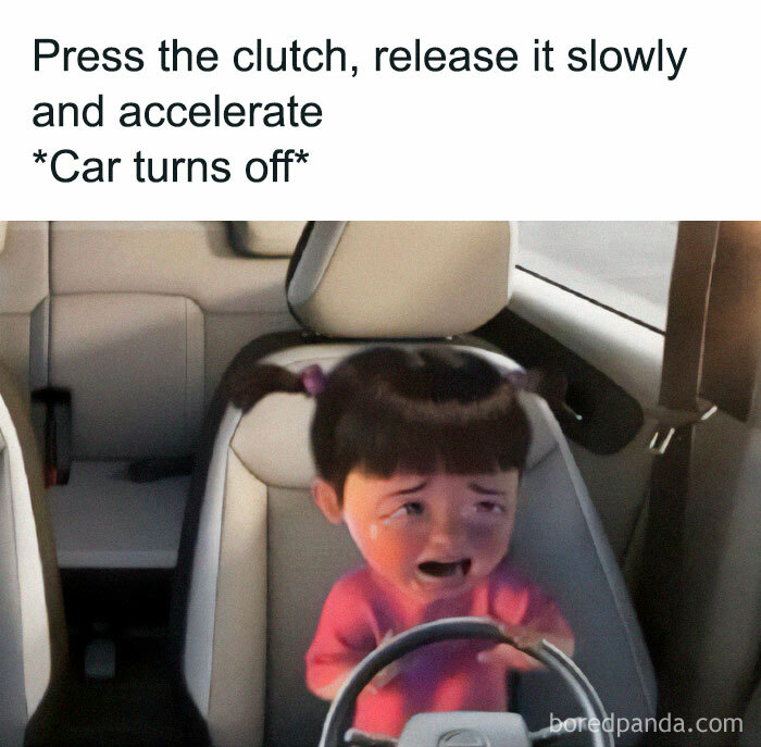 Crying cartoon child at steering wheel in a humorous car meme.